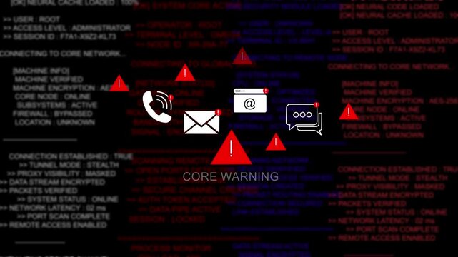 Critical system security breach alert featuring digital core warning notifications, cyber attack warning signs, data encryption failure, and unauthorized network access on a dark background interface