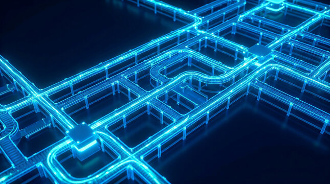 Digital Twin technology visualization of smart manufacturing network grid with glowing blue lines representing data flow and industrial automation systems in a futuristic digital space.