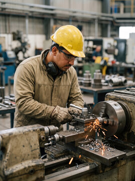 Worker Operating a Lathe