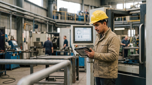 Engineer Inspecting a Machine with Tablet
