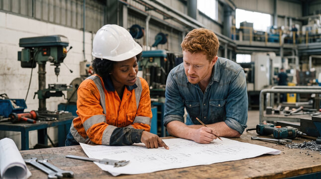 Engineers Discussing a Technical Drawing