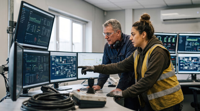 Engineers monitor industrial control system in operations room