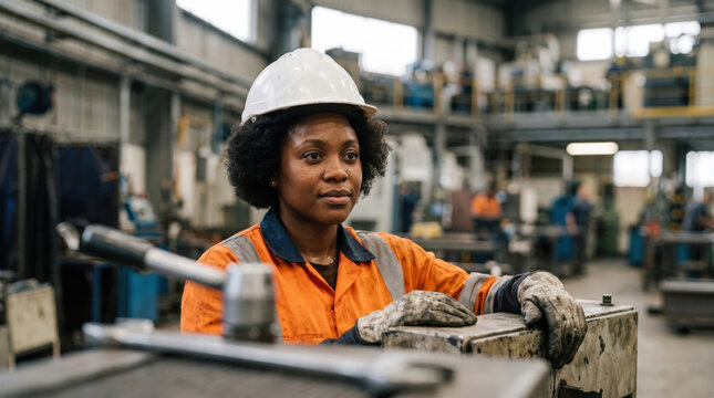 Female engineer operating industrial machinery in factory