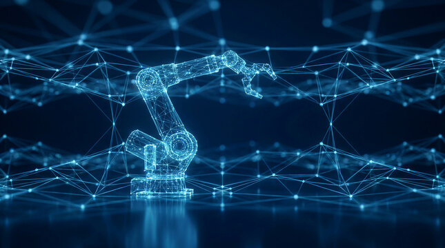 Digital Twin technology concept showing a futuristic wireframe robotic arm in a smart manufacturing factory with abstract blue network connection lines representing industry four point zero.