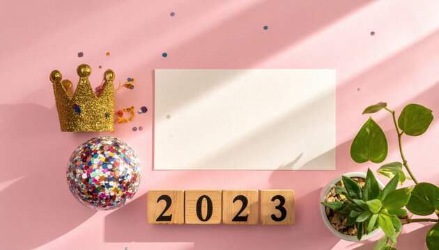 2023 new year celebration with crown, disco ball, calendar block, greeting card, and houseplant on pink background new year concept