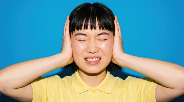 Woman cover ears against blue studio background
