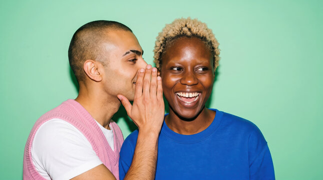 Two friends whispering a secret on a mint backdrop
