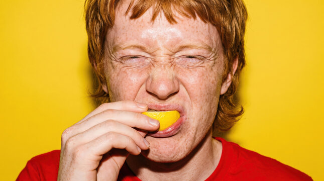 Person reacting to biting a lemon on a yellow backdrop