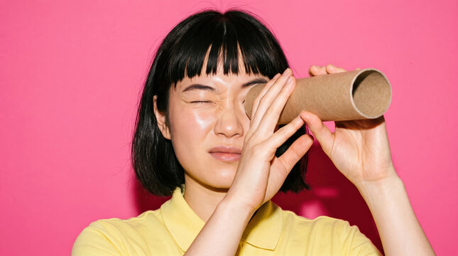 Person looking through a cardboard tube on a pink backdrop