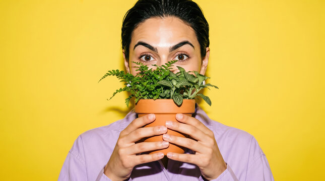 Person hiding behind a potted plant on a yellow backdrop
