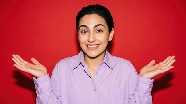 Person shrugging playfully on a red studio backdrop