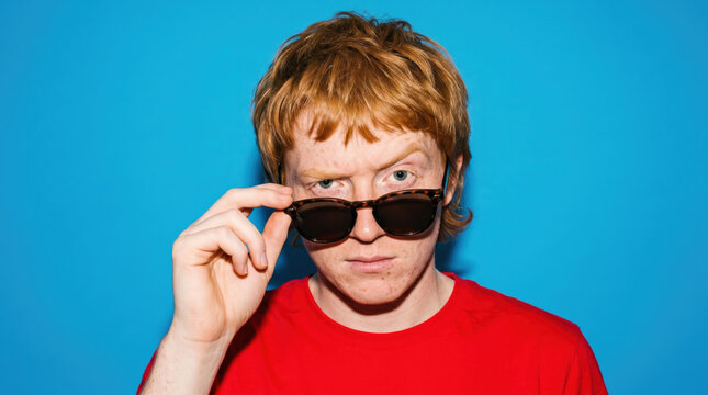 Person peering over sunglasses on a blue backdrop