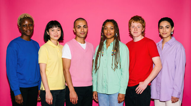 Diverse young adults standing together against pink background