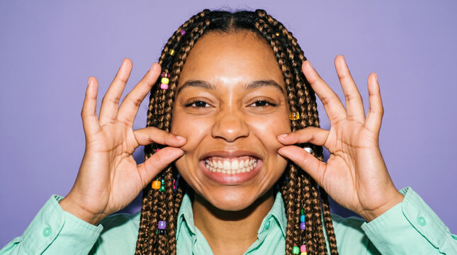Person pulling their cheeks on a lilac studio backdrop