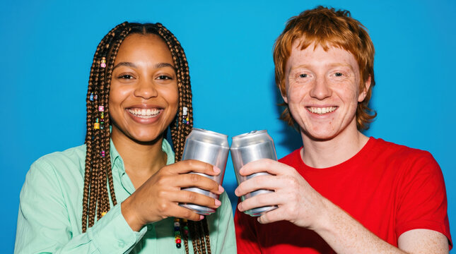 Two friends clinking drink cans on a blue studio backdrop