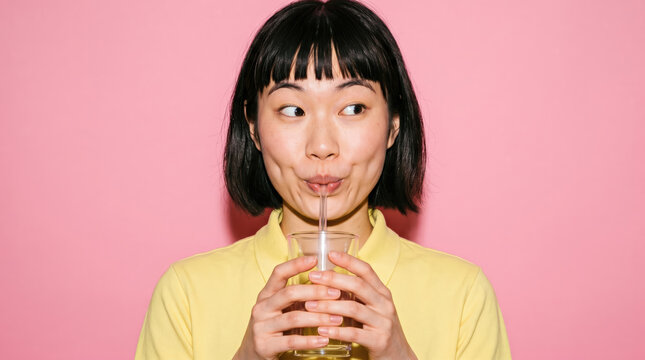Person sipping a drink through a straw on a pink backdrop