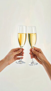 Champagne glass toast held by hands against white background, celebrating joyful new year with sparkling golden beverage and elegant celebration new year concept