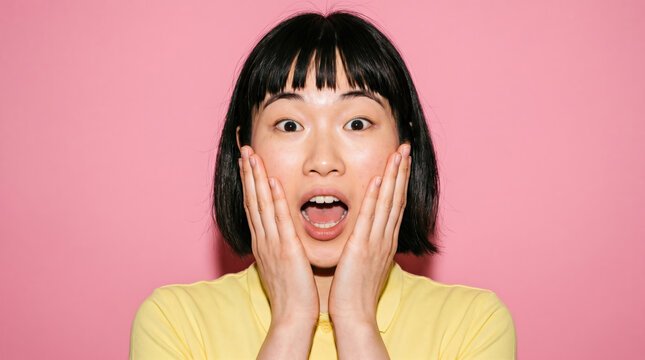 Person gasping in surprise on a pink studio backdrop