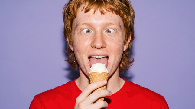 Person licking an ice cream cone on a lilac backdrop
