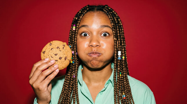 Woman eating chocolate chip cookie with puffed cheeks