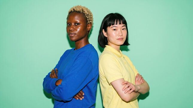 Two friends back to back on a mint studio backdrop