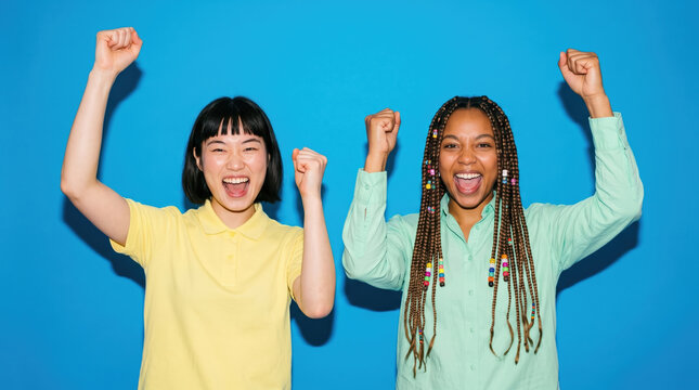 Diverse women celebrate success with raised fists