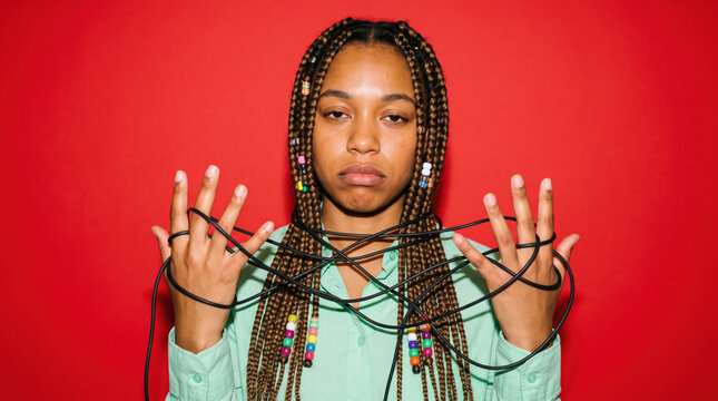 Frustrated woman tangled in cable against red background