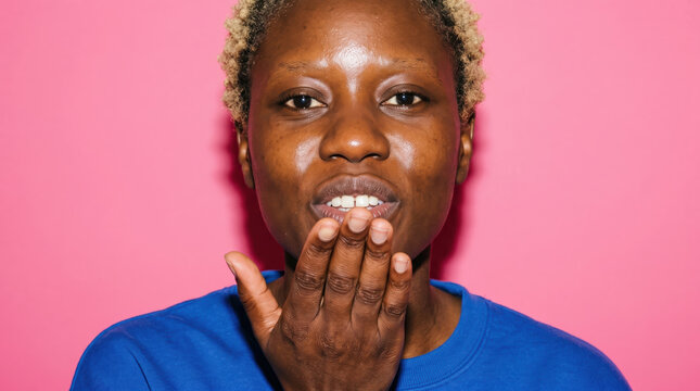 Person blowing a kiss on a pink studio backdrop