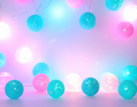 Decorative light ball arrangement creating colorful festive background with glowing turquoise and pink spheres, soft illumination, celebration mood new year concept