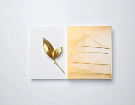 Golden leaf on open book with blank page and abstract gold lines, conveying elegance, creativity, luxury, and inspiration in minimal composition. new year concept