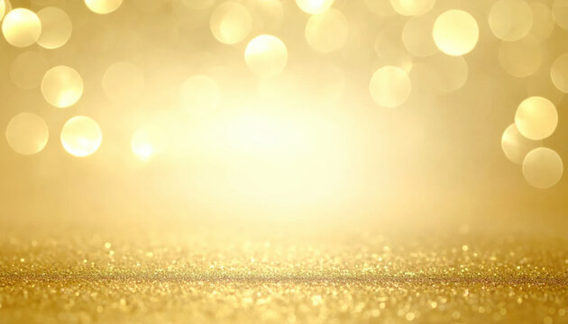 Golden glitter background with glowing bokeh light, sparkling texture, and warm festive atmosphere for celebration design use new year concept