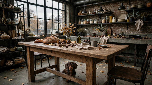 Country kitchen and workshop with a dog under the table