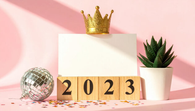 New year concept with golden crown, blank card, wooden calendar block, disco ball, and succulent on pink background new year concept