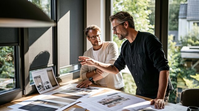 Homeowner and energy renovation specialist discuss shading and cooling options beside a window with building plans and samples Generative AI