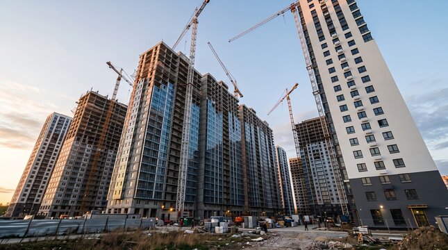 Low angle view of modern high rise residential apartment buildings under construction with tall tower cranes against bright morning sky during sunrise and urban development project