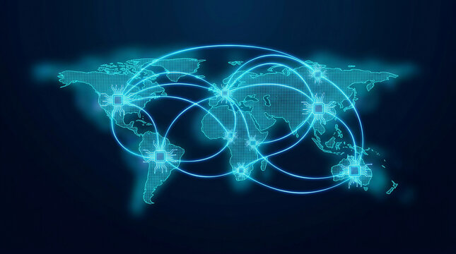 Global digital twin network and smart manufacturing logistics concept with glowing blue world map showing interconnected data nodes and communication lines across continents for industry.