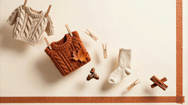 Miniature knitwear and socks hanging in an autumn flat lay