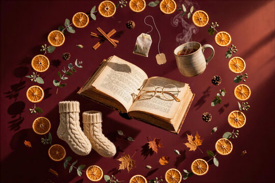 Cozy reading flat lay with book tea socks and orange slices