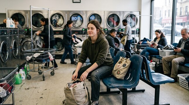 Young Woman Sitting In Laundromat Waiting For Clothes To Finish Washing And Drying