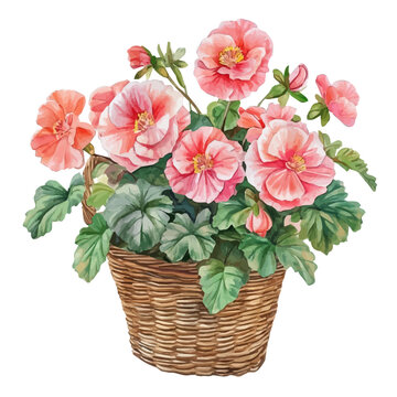 Begonia Bouquet In A basket, delicate watercolor illustration vector with soft and elegant colors, isolated on a white background.