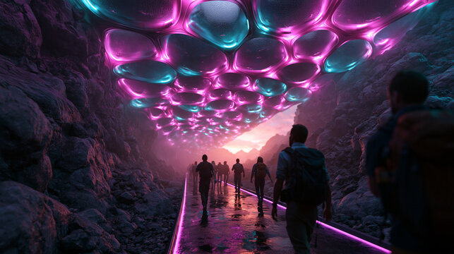 People Walking Along Pathway Under Futuristic Glowing Ceiling