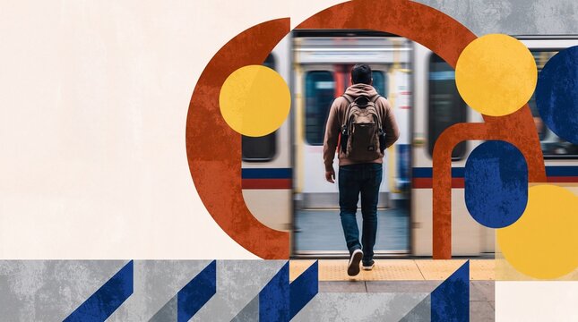 Man with Backpack Boarding Subway Train with Abstract Geometric Design
