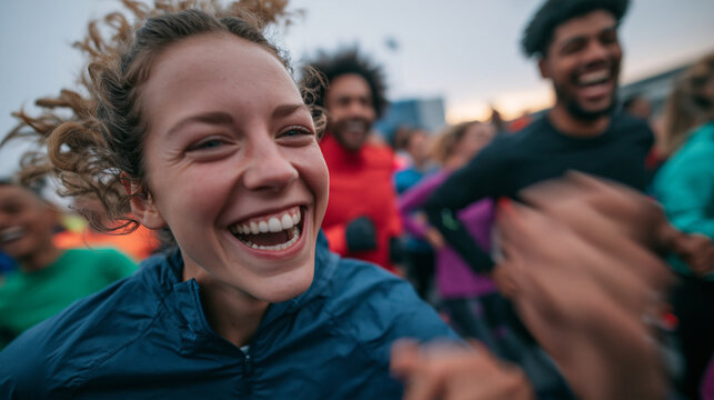 Joyful Young Woman Running in Outdoor Marathon Race