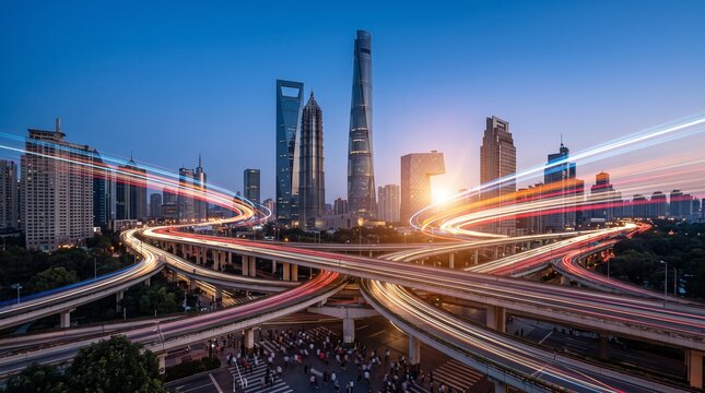 Futuristic Smart City Skyline with Highway Traffic Light Trails