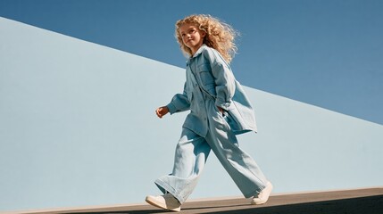 Fototapeta premium Child walks in relaxed outfit outdoors in urban space during bright day Generative AI