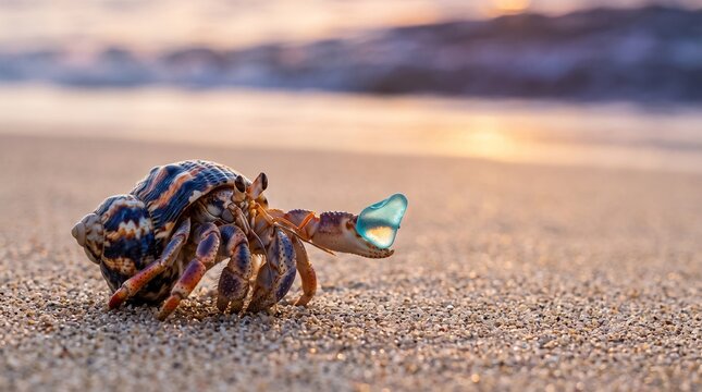 Hermit Crab Holding Sea Glass on Sandy Beach at Sunset
