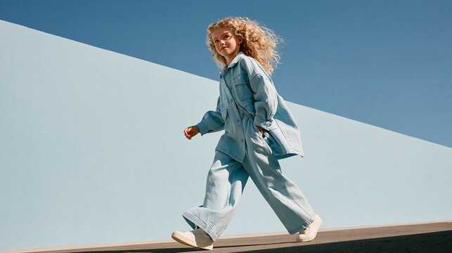Child walks in relaxed outfit outdoors in urban space during bright day Generative AI