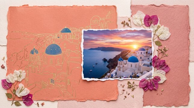 Santorini Travel Memories Scrapbook with Photo and Dried Bougainvillea