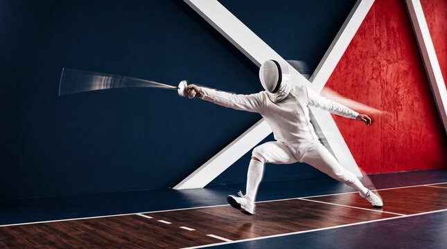 Fencer Lunging with Foil in Dynamic Action Motion
