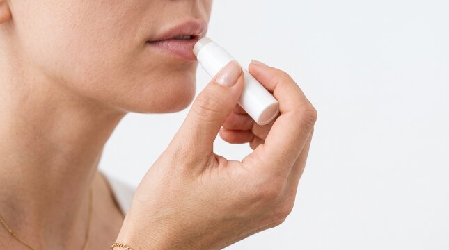 Close up of a woman applying lip balm to her lips with a white tube on a plain background